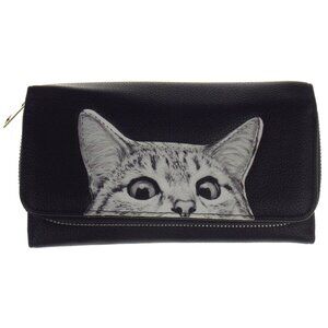 Peeking Cat Wallet Black White Zip Up Strap Gift Purse Book Modern Art Design